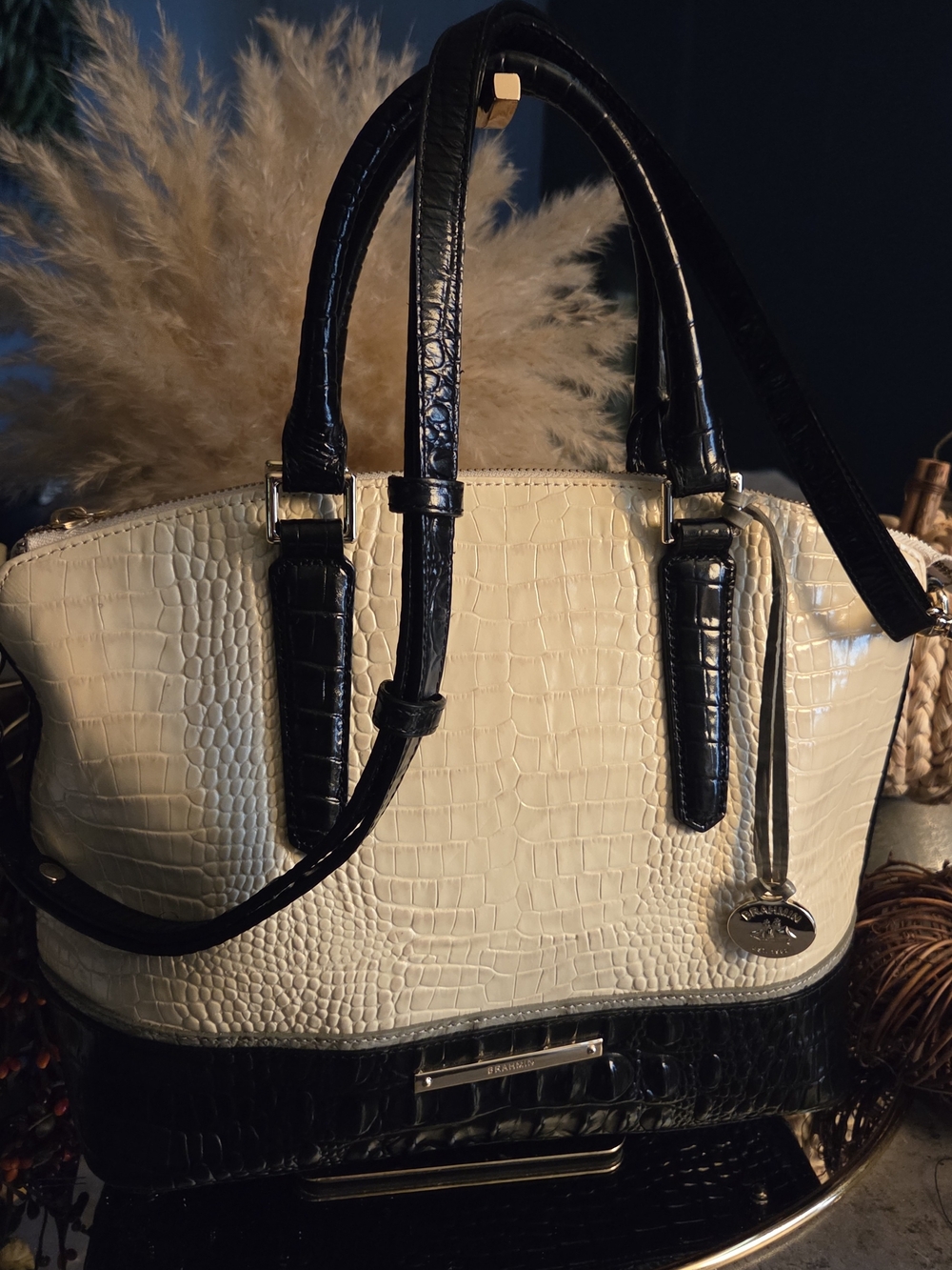 Brahmin Black Ivory Croc Embossed Leather Satchel Shoulder/Crossbody Bag
